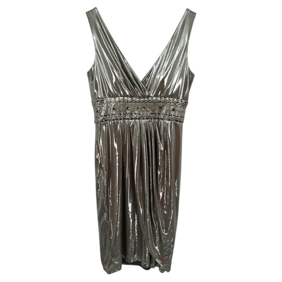 Jovani Silver Metallic Rhinestone Detail Laminated Jersey Cocktail Dress -Size 8 - Picture 5 of 10